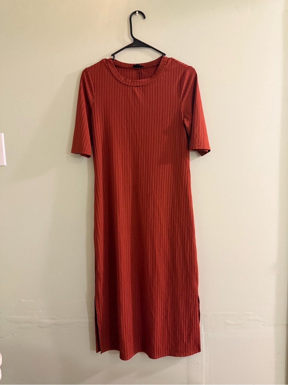 Rust Ribbed Midi Dress - With Side Slits